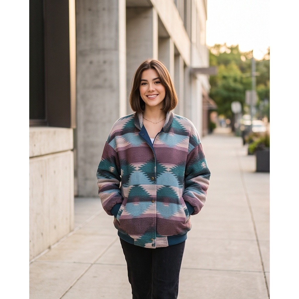 Vintage Braetan 2X Reversible Barn Jacket Southwestern Aztec Blue Bomber Coat